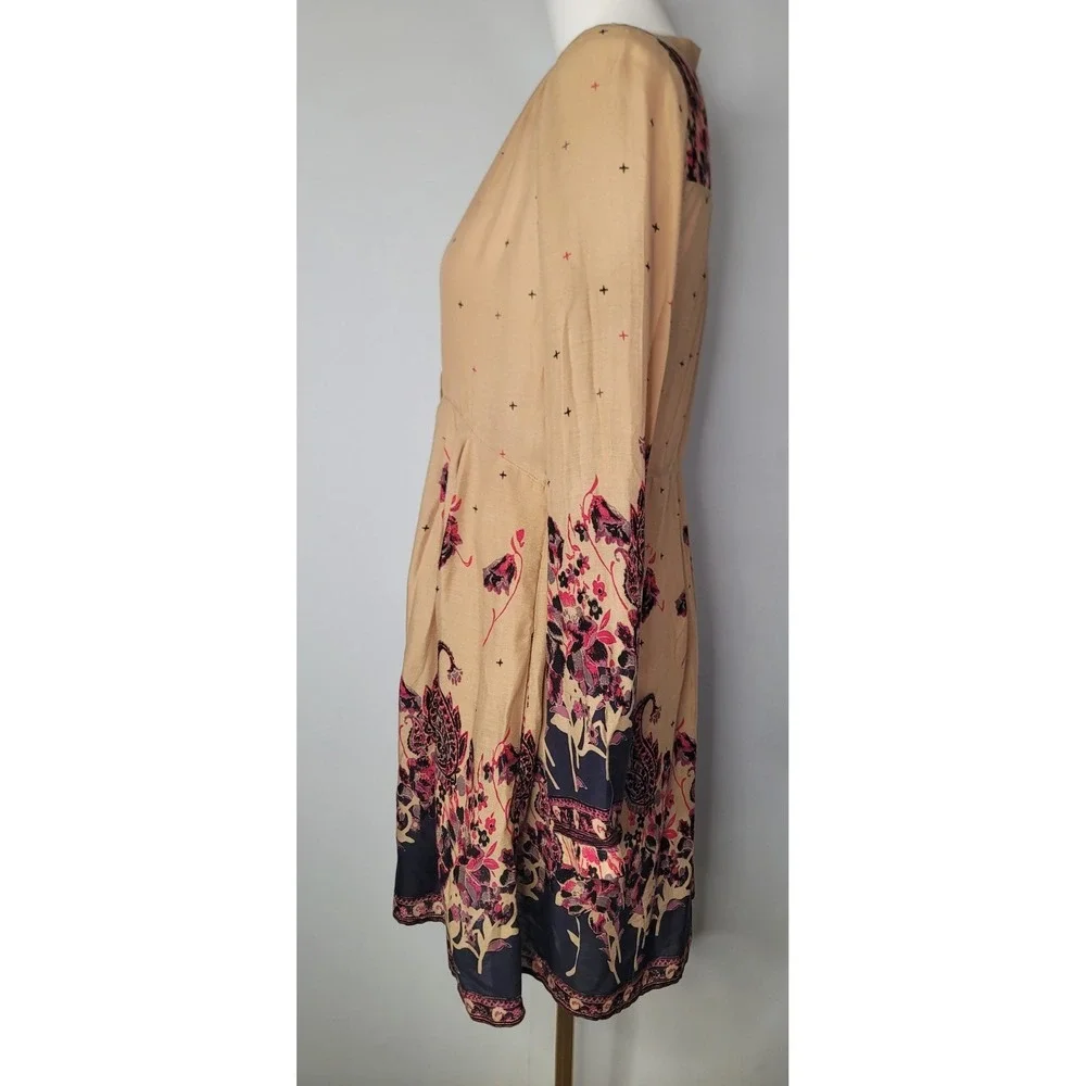Free People Boho Mini Dress Small Paisley Floral Peasant‎ Tunic Pockets